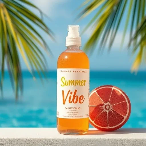 A close-up, artfully composed shot of a luxurious, frosty cocktail (e.g., a vibrant blue lagoon or a sparkling passion fruit drink) with perfect condensation, garnished with fresh tropical fruit and delicate edible flowers, resting on the edge of a minimalist, infinity-edge swimming pool. The background is softly blurred, showing a serene ocean vista and warm, inviting sunlight. The mood is sophisticated relaxation, freshness, and indulgence. No people. High dynamic range, professional product photography style, clean reflections on the water.